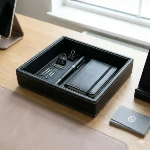 Rectangular black leather desk tray organizing premium stationery, fountain pens, and a notebook in a modern home office setup.
