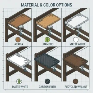 Product lineup illustration displaying a bunk bed tray organizer in various finishes including natural bamboo, white, and black.