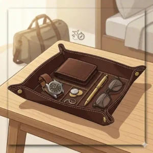 Unsnapped, flat-laid travel mens leather valet tray showing its collapsible design for easy packing.