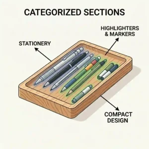 A colorful illustration of a kid-friendly pencil tray filled with crayons and colored pencils on a school desk.