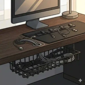 Functional masculine desk accessories specifically designed for tech and cable management, showing a heavy-duty metal cable tray mounted under the desk and a magnetic cord organizer on the top surface.