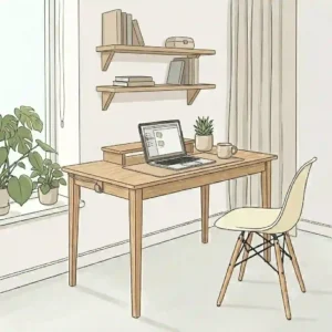 Neat workspace organization layout on top of a warm walnut minimalist wood desk with a laptop and a single plant.
