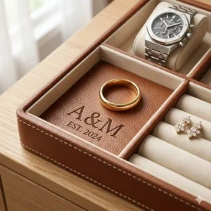 5. A monogrammed personalized leather jewelry tray featuring custom engraved initials, perfect for a wedding anniversary gift.