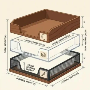 An isometric illustration with technical diagram labels showing the precise dimensions of a 3-tier stacking trays for desk setup.