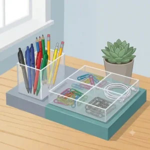A minimalist vector product photograph of two clear acrylic desk organizer bins filled with multi-colored pens and assorted paperclips, presented on a two-tone abstract stand with a single succulent plant in a natural studio setting."