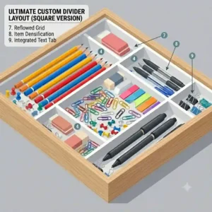 A transparent plastic stick-on pencil drawer attached under a modern standing desk.
