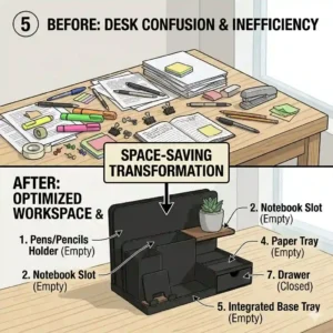 A side-by-side comparison illustration showing a cluttered workspace transformed into an organized desk using a compact black desk organizer.