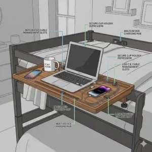 Close-up illustration of a bedside organizer tray featuring a bunk bed tray with built-in charging cable slots and a secure cup holder.