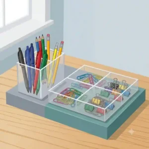 "A flat vector close-up illustration of clear acrylic desk organizer bins precisely sorting writing tools (a black pen, a blue pen, a red pencil, a green pencil, a yellow pencil) and categorized binder clips on a light wood desk."