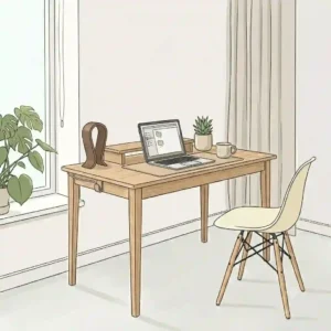 A minimalist wood desk arranged ergonomically with a computer monitor at eye level for a productive workspace.