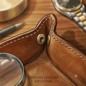 An illustration showcasing a handmade leather valet tray men catchall separating loose coins from important jewelry.
