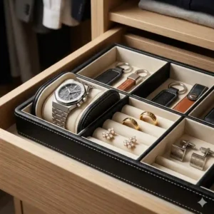 6. A sleek modular leather jewelry tray organizer fitted perfectly inside a closet drawer.
