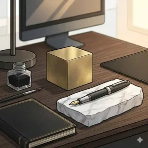 A close-up illustration of luxury masculine desk accessories on a dark oak desk, including a heavy cube brass paperweight, a premium fountain pen resting on a block of white marble, and a textured leather-bound journal.