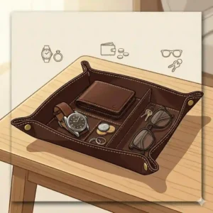 A multi-compartment mens leather valet tray dividing coins, rings, glasses, and loose change.