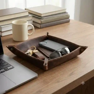 An organized office desk featuring a brown leather tray for keys, coins, and a smartphone next to a laptop.