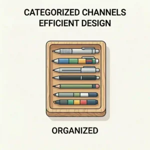 An illustration of a multifunctional pencil tray that holds stationery alongside a smartphone and paperclips.