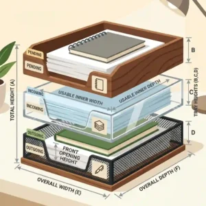 An illustrated guide to document workflow using stacking trays for desk files categorized by 'Incoming', 'Pending', and 'Outgoing'.