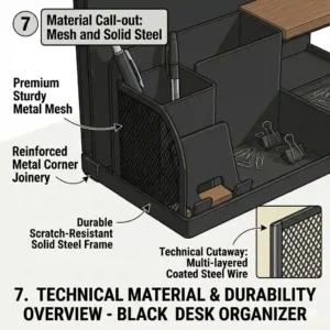 Close-up technical illustration highlighting the scratch-resistant coating and sturdy steel mesh construction of a black desk organizer.