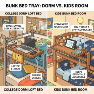 Dual illustration comparing a college dorm loft bed setup and a kids bunk bed room utilizing a clip-on bunk bed tray.
