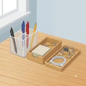 "A highly-focused, centered vector conceptual view featuring clear acrylic desk organizer bins with four compartments for writing tools alongside new natural bamboo bins for paper, a pen, and charging cords, on a clean wood surface."