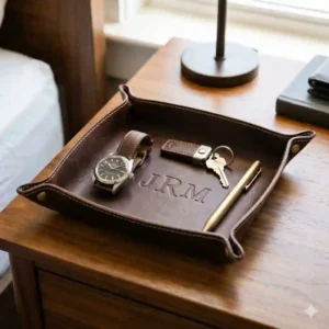 Custom engraved initials on a personalized mens leather valet tray, perfect for a Father's Day gift.