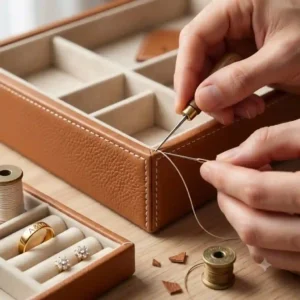 7. An illustration highlighting the premium stitching and craftsmanship of a handmade genuine leather jewelry tray.
