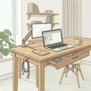 Mid-century modern minimalist wood desk featuring two hidden drawers for subtle storage.