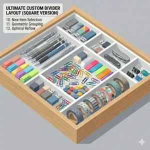 A top-down vector illustration of a pencil drawer divider tray with separate compartments for pens, paperclips, and sticky notes.