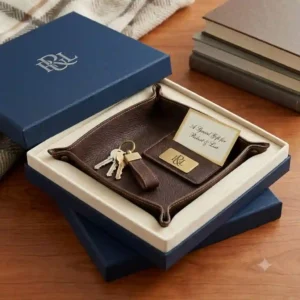 A monogrammed leather tray for keys presented as a premium gift item in a luxury blue box.
