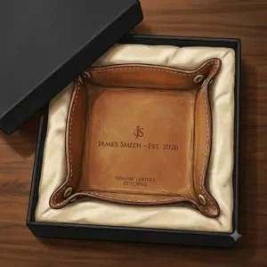 A premium personalized leather valet tray men gift option with embossed initials, sitting next to an old-fashioned compass.