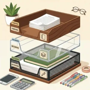 An illustration showing how stacking trays for desk can hold versatile items like tech gadgets, notebooks, and stationery, not just paper.
