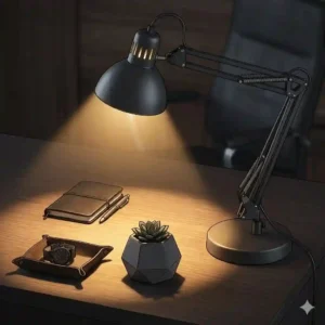 A vintage industrial matte black metal architect desk lamp, articulated and switched on, casting warm light over a dark wood workspace styled with various matching masculine desk accessories.