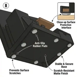 Close-up view of the protective anti-slip rubber pads on the bottom base of a black desk organizer to prevent tabletop scratching.