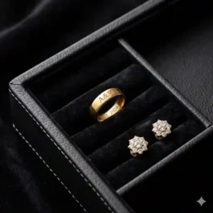8. A close-up view of a minimalist black leather jewelry tray with dedicated padded ring slots and velvet lining.