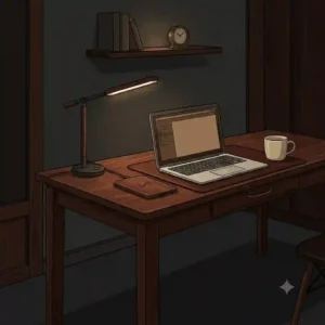 Moody dark-walled study featuring a rich mahogany minimalist wood desk illuminated by a single warm desk lamp.
