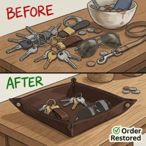 Before and after comparison of a cluttered counter next to a neat counter organized with a leather tray for keys.