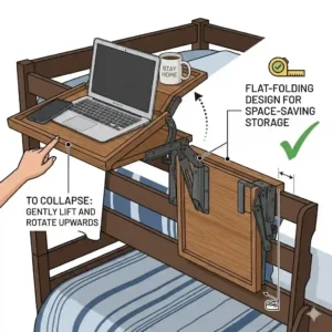 An illustration demonstrating a space-saving folding bunk bed tray collapsed flat against the guardrail when not in use.