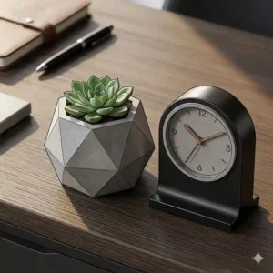Professional and aesthetic masculine desk accessories for decor accents, featuring a faceted geometric grey concrete planter with a small succulent next to a minimalist desk clock made of black brushed metal.