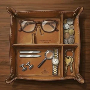 A rich, deep blue leather valet mens dresser top organizer tidying a set of high-end cufflinks and a pocket knife.