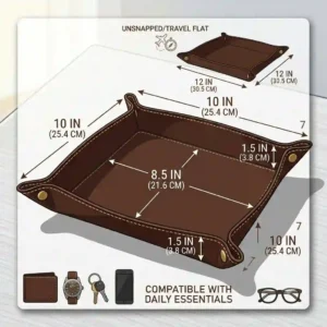 Graphic layout displaying the exact length, width, and height dimensions of a mens leather valet tray.