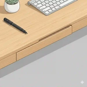 A minimalist home office setup highlighting a hidden, low-profile pencil drawer beneath a bamboo desktop.