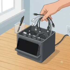 A 300x300 pixel, stylized flat vector illustration of modern dark gray desk organizer bins designed for complex hidden cable management, depicting a hand lowering diverse charging cables into the bin, which features device-labeled dividers and a minimalist integrated phone shelf, centered within a small square frame on a wood desk."