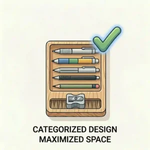 A diagram illustration highlighting the non-slip bottom and divided compartments of a premium pencil tray.