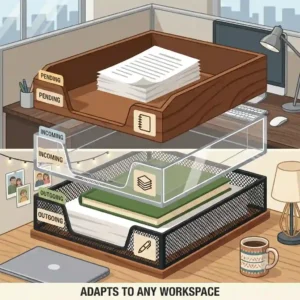 A split-screen illustration contrasting how stacking trays for desk fit into both corporate cubicle and cozy home office environments.