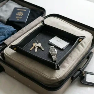 Unsnapped flat-packed black leather travel tray packed neatly inside an open leather carry-on suitcase.