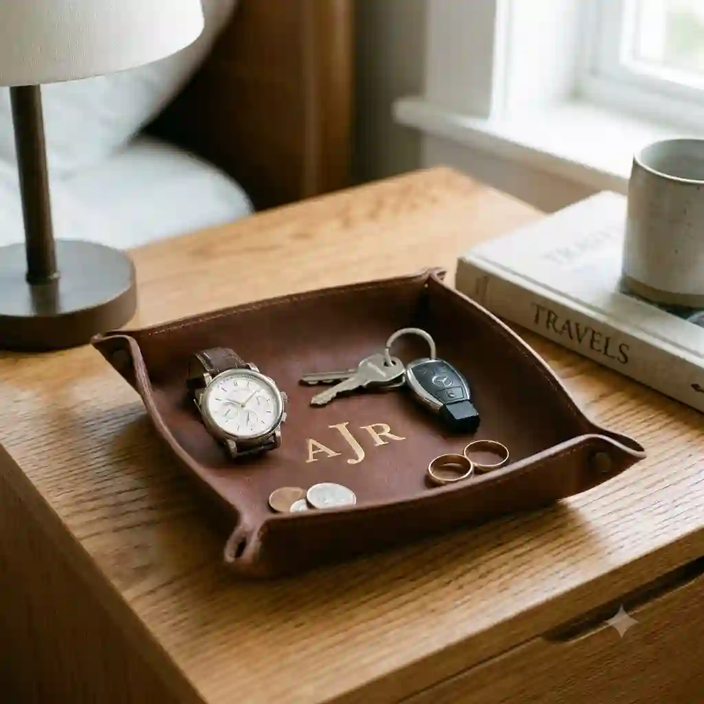 A premium brown leather valet tray monogram style engraved in the center, holding a watch, keys, and wedding ring on a wooden nightstand.