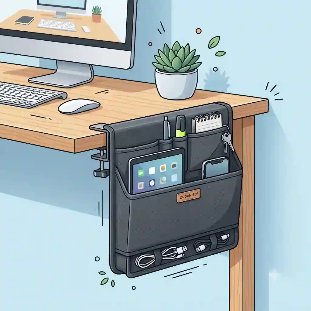 A stylish hanging desk organiser attached to the side of a modern wooden desk holding office supplies.
