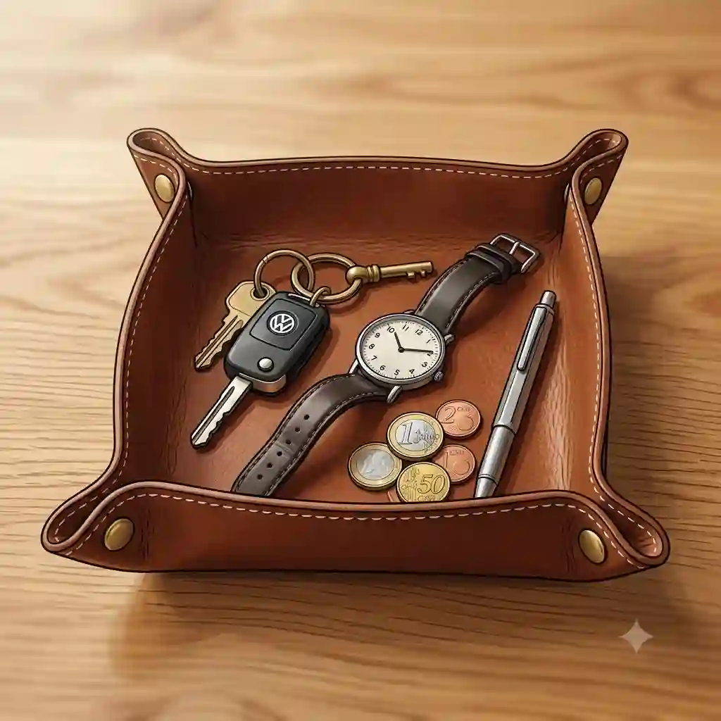 A minimalist leather catchall tray on an oak desk holding keys, a watch, and coins.