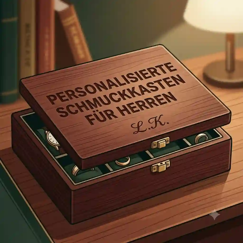 A luxury brown leather personalized jewelry box for men with monogrammed initials on the lid, displaying watches and cufflinks inside.