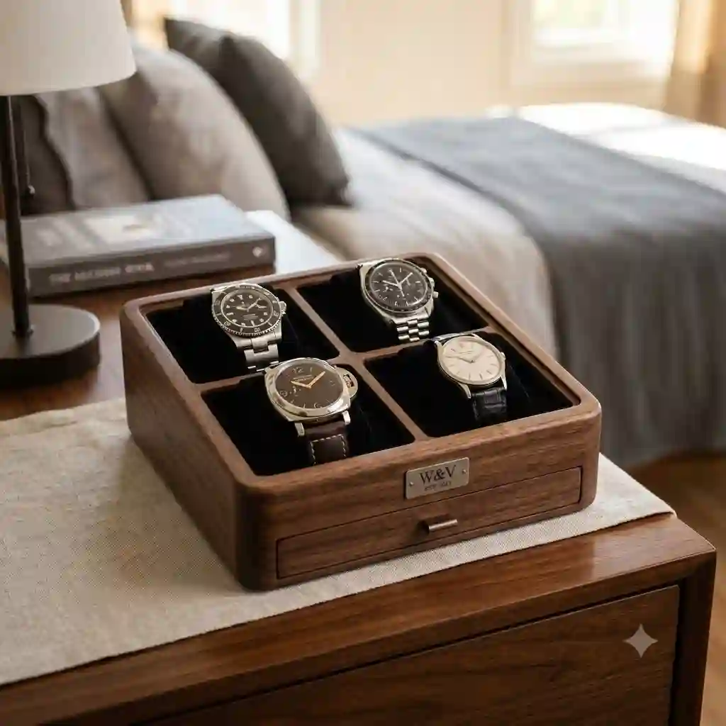 Luxury wooden watch valet organizer displaying premium timepieces on a bedroom dresser.